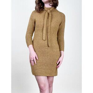 Vintage 60s 70s Knit Mini Sweater Dress Long Sleeve Matching Belt Neck Tie Bow